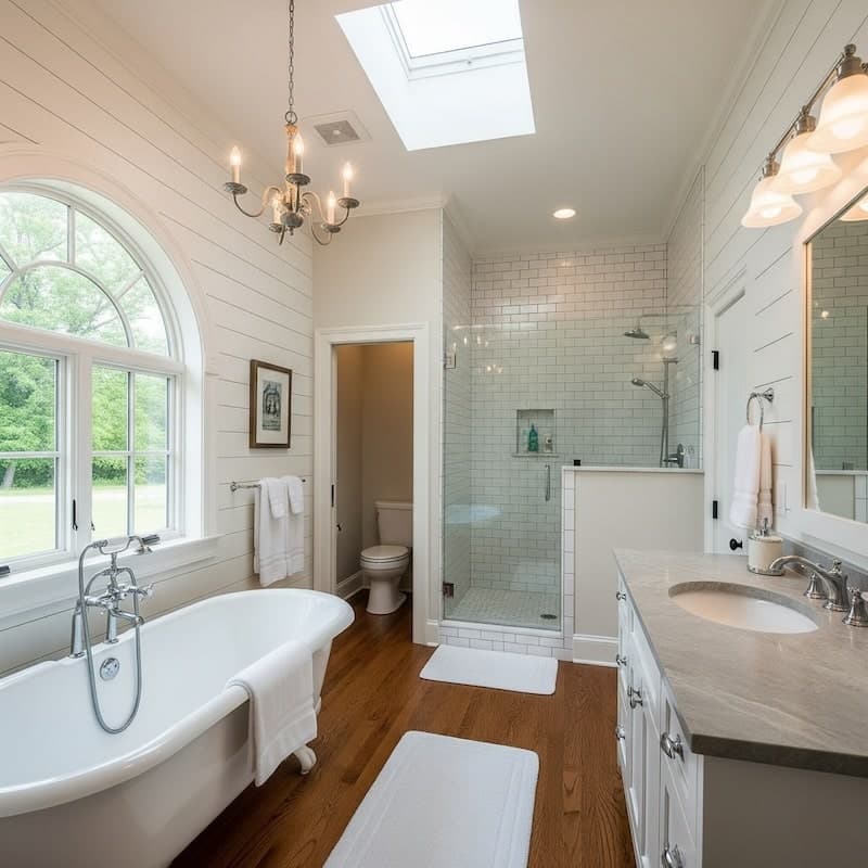 Renovated bathroom with modern fixtures and tile work